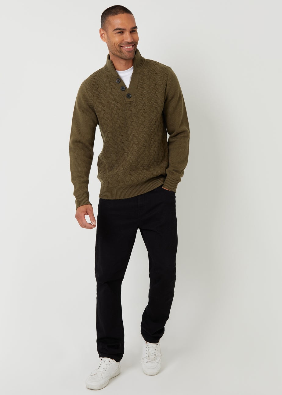Threadbare Khaki Mock Neck Funnel Neck Cable Knit Jumper