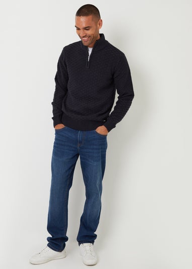Threadbare Navy Textured Quarter Zip Jumper With Wool
