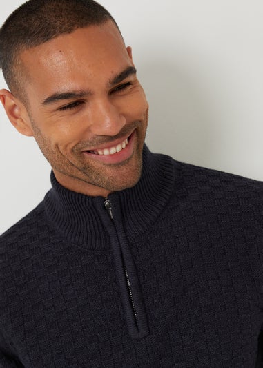 Threadbare Navy Textured Quarter Zip Jumper With Wool