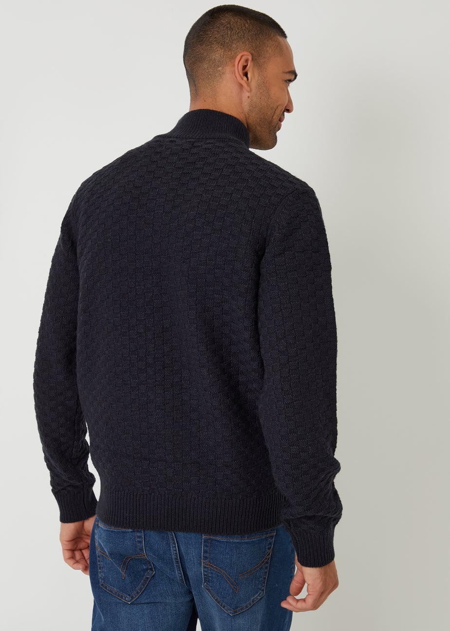 Threadbare Navy Textured Quarter Zip Jumper With Wool
