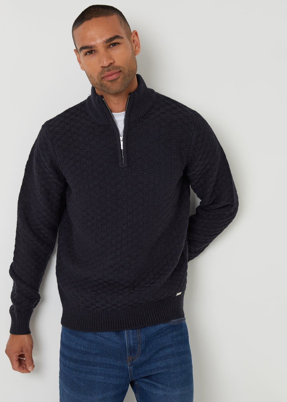 Threadbare Navy Textured Quarter Zip Jumper With Wool