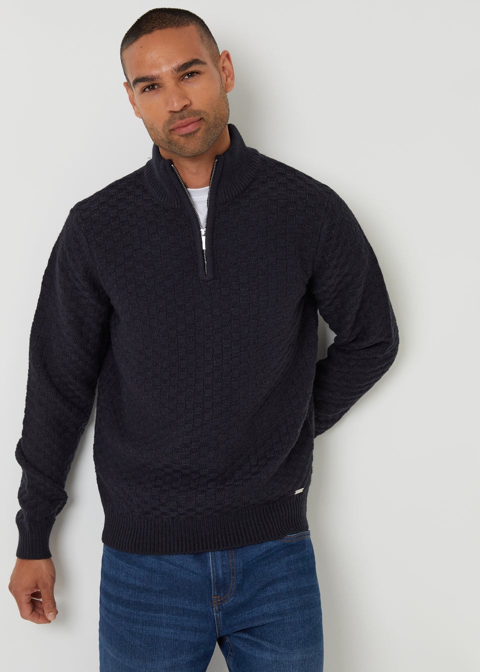 Threadbare Navy Textured Quarter Zip Jumper With Wool