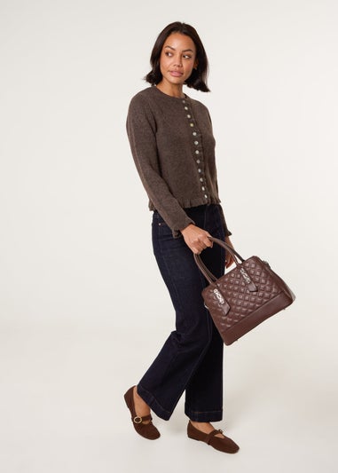 Blue Vanilla Brown Cardigan With Ruffle Trim