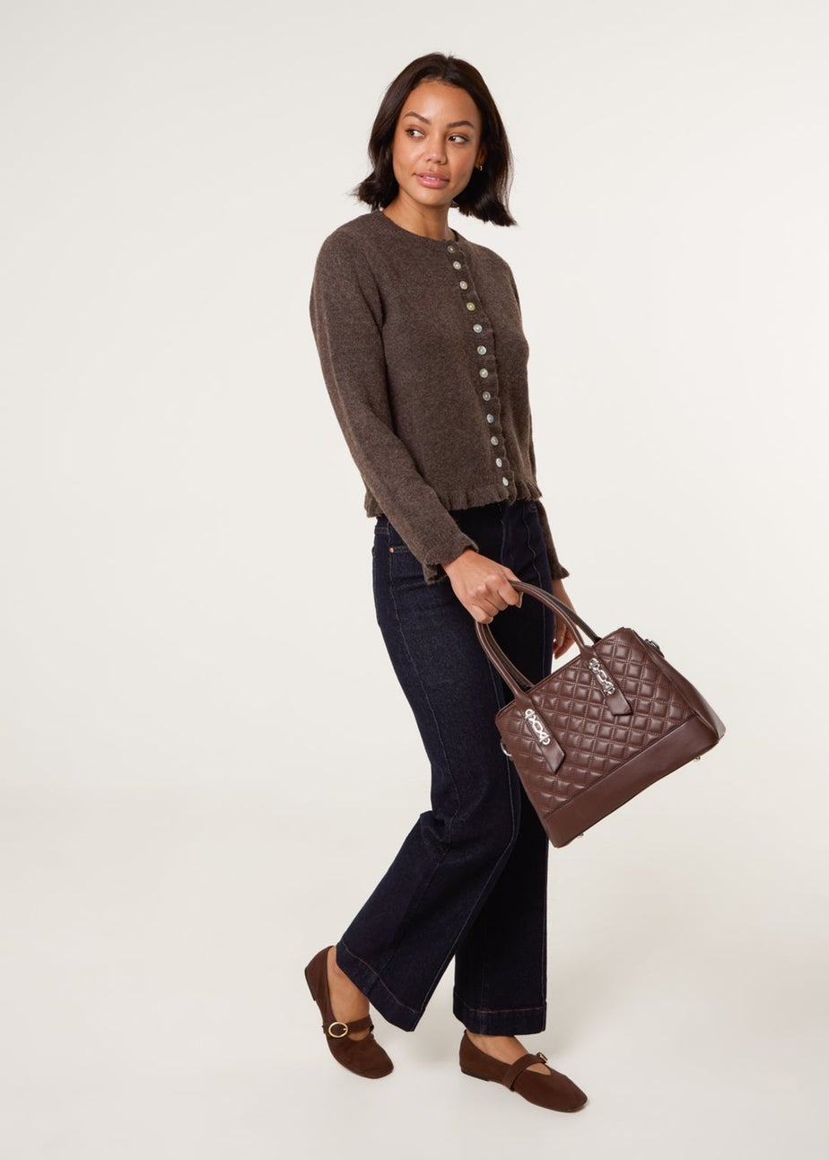 Blue Vanilla Brown Cardigan With Ruffle Trim