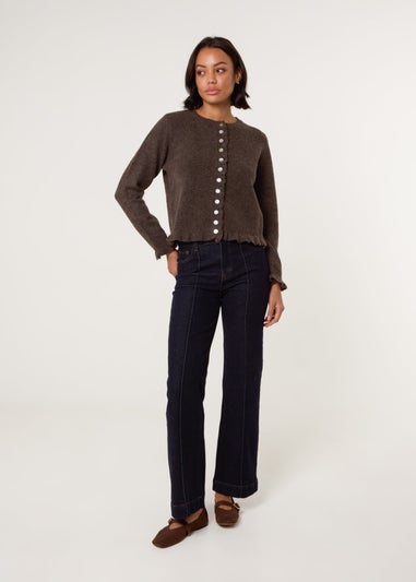 Blue Vanilla Brown Cardigan With Ruffle Trim