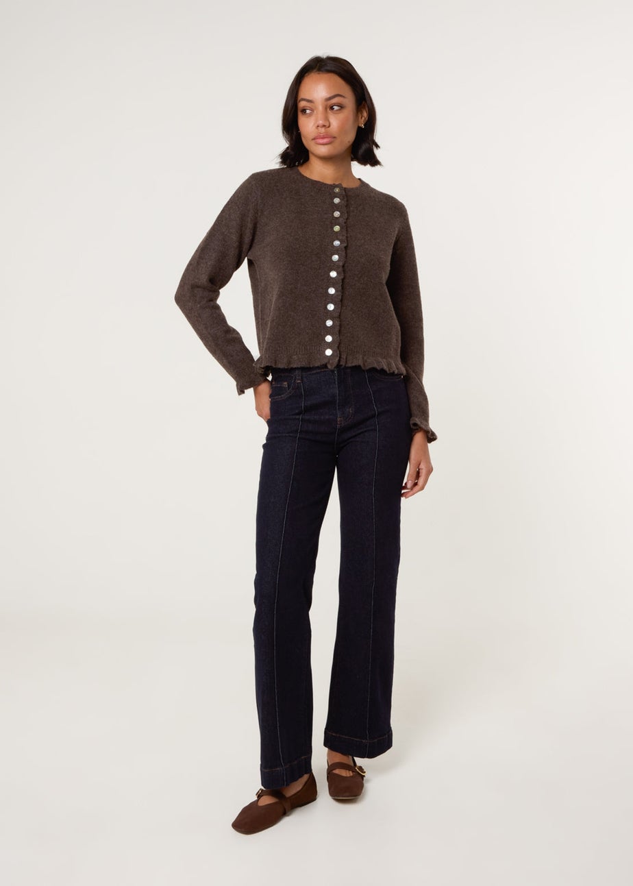 Blue Vanilla Brown Cardigan With Ruffle Trim