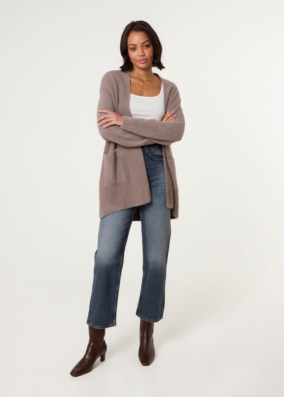 Blue Vanilla Beige Fluffy Fleece Open Midi Cardigan