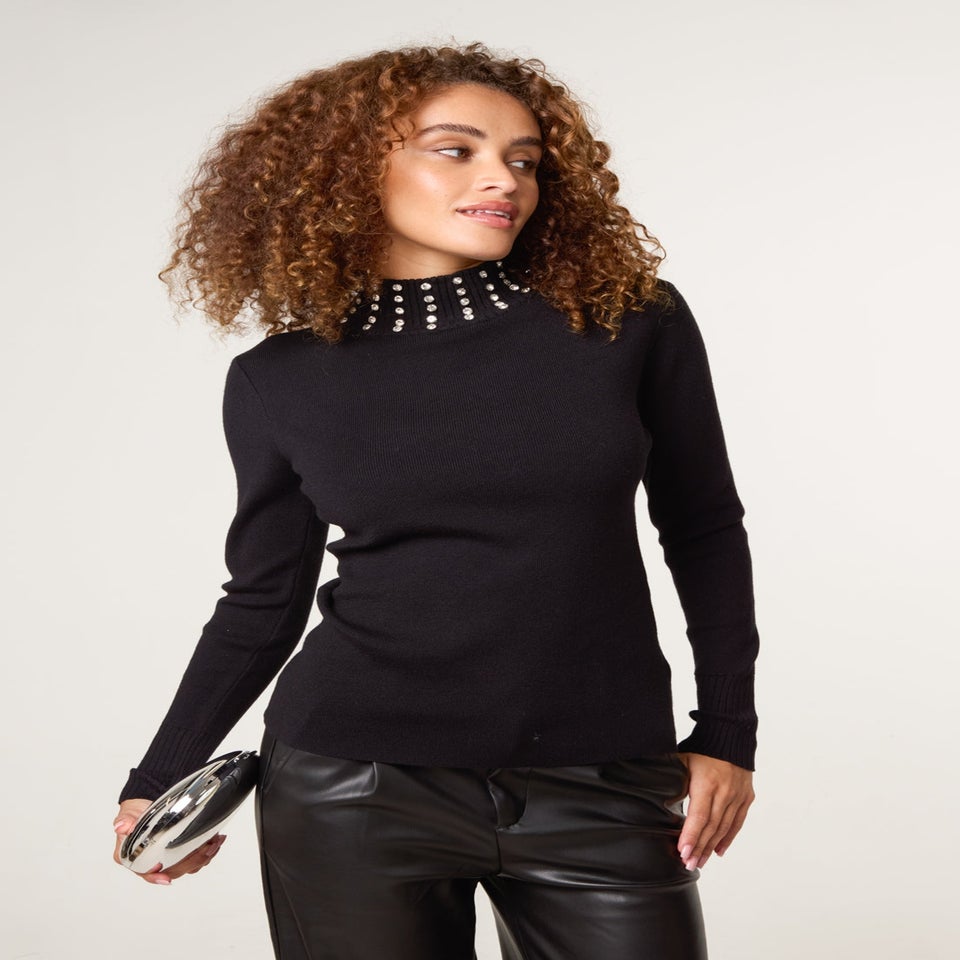Blue Vanilla Black High Neck Diamante Detailed Jumper