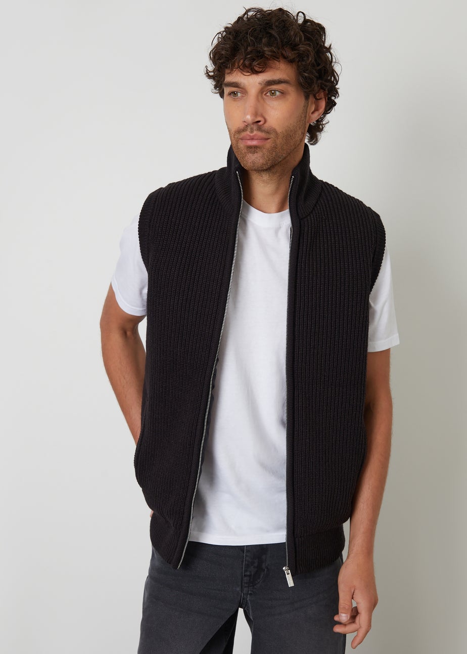 Threadbare Black Knitted Quilted Gilet With Ribbed Funnel Neck