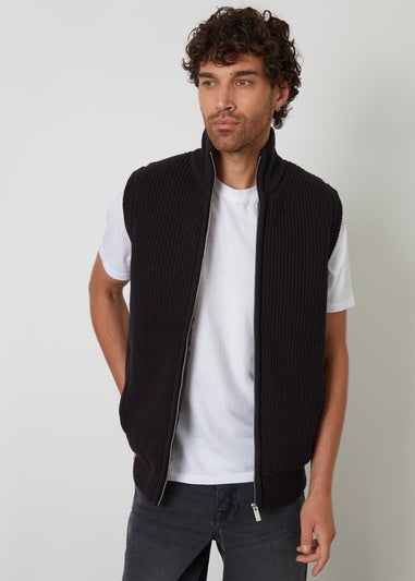 Threadbare Black Knitted Quilted Gilet With Ribbed Funnel Neck
