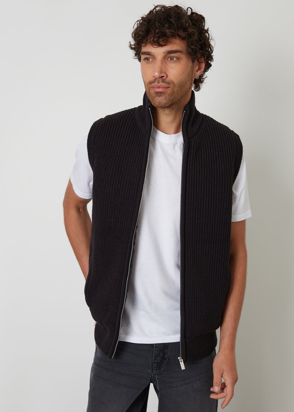Threadbare Black Knitted Quilted Gilet With Ribbed Funnel Neck