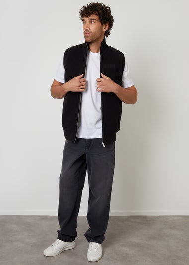 Threadbare Black Knitted Quilted Gilet With Ribbed Funnel Neck