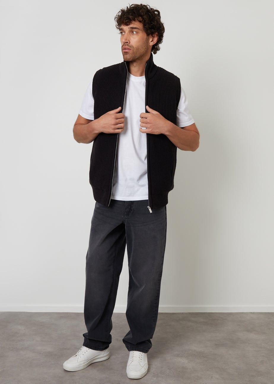 Threadbare Black Knitted Quilted Gilet With Ribbed Funnel Neck