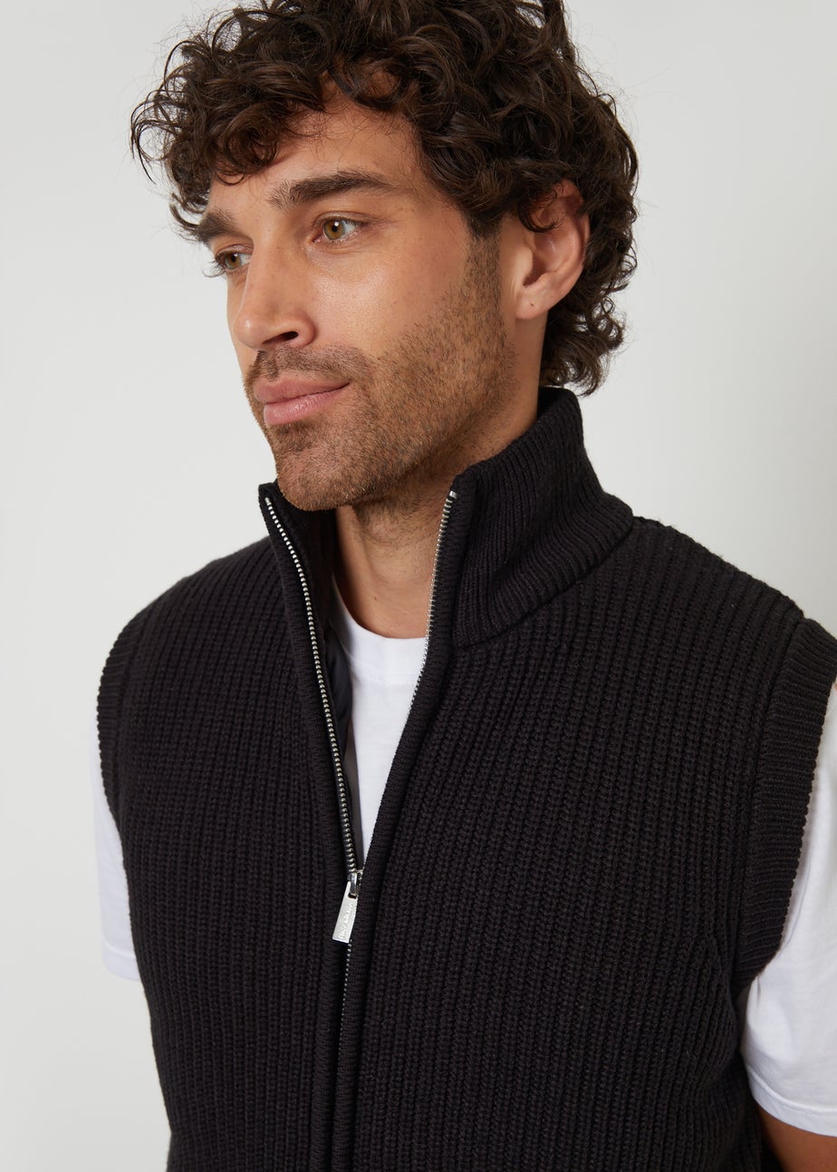 Threadbare Black Knitted Quilted Gilet With Ribbed Funnel Neck