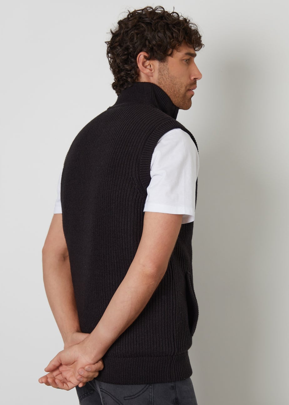 Threadbare Black Knitted Quilted Gilet With Ribbed Funnel Neck