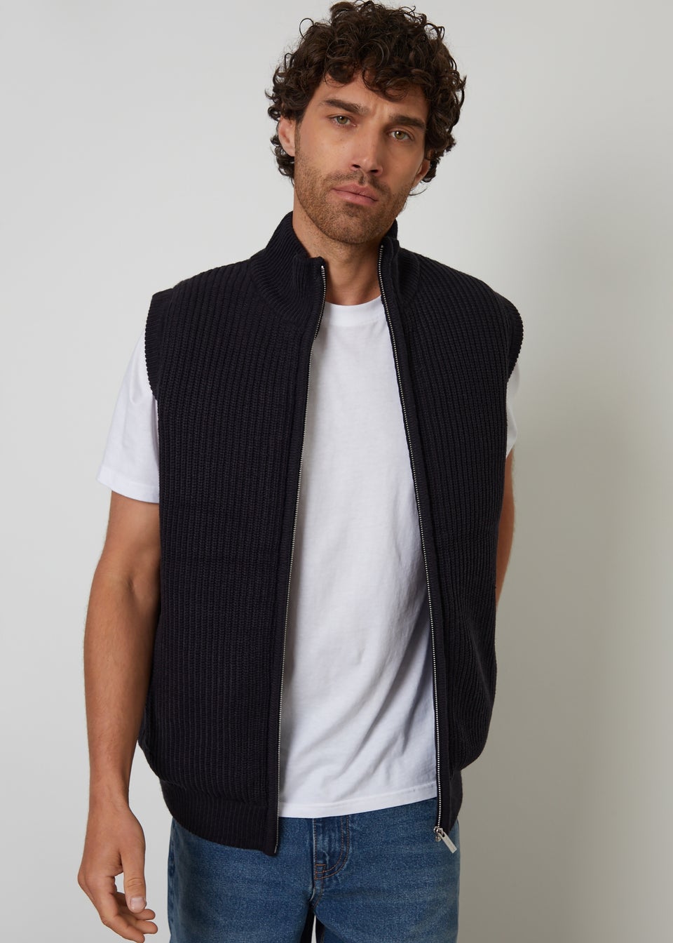 Threadbare Navy Knitted Quilted Gilet With Ribbed Funnel Neck