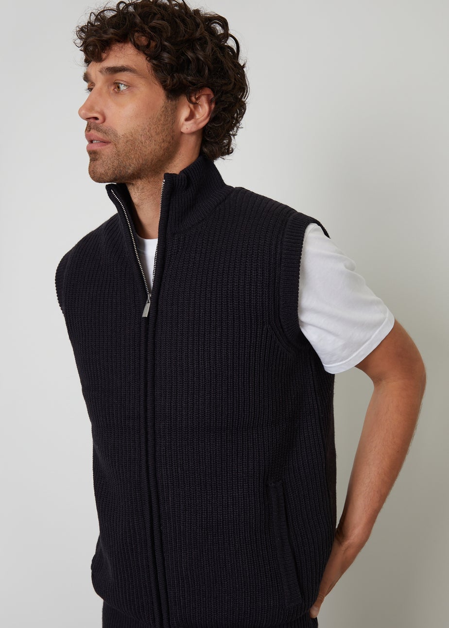 Threadbare Navy Knitted Quilted Gilet With Ribbed Funnel Neck