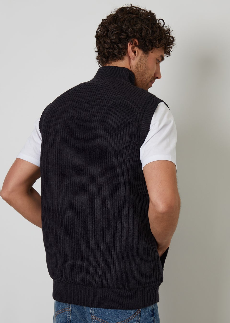 Threadbare Navy Knitted Quilted Gilet With Ribbed Funnel Neck