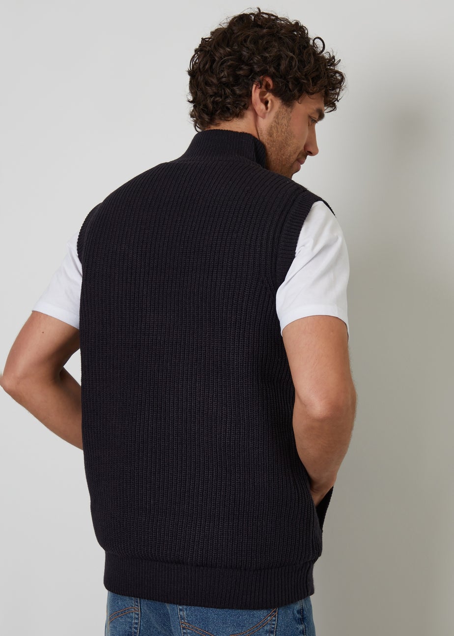 Threadbare Navy Knitted Quilted Gilet With Ribbed Funnel Neck