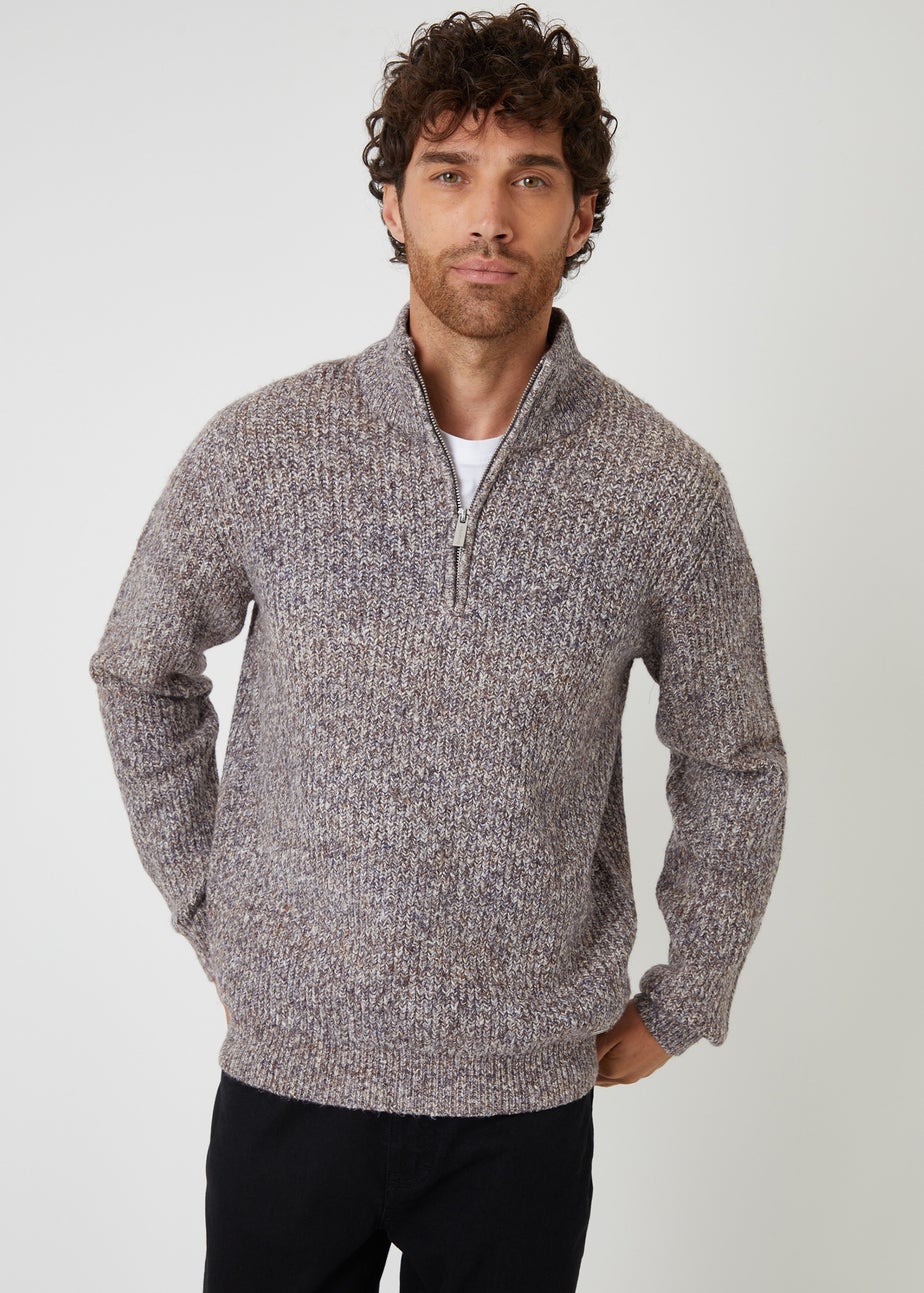 Threadbare Brown Knitted Quarter Zip Jumper