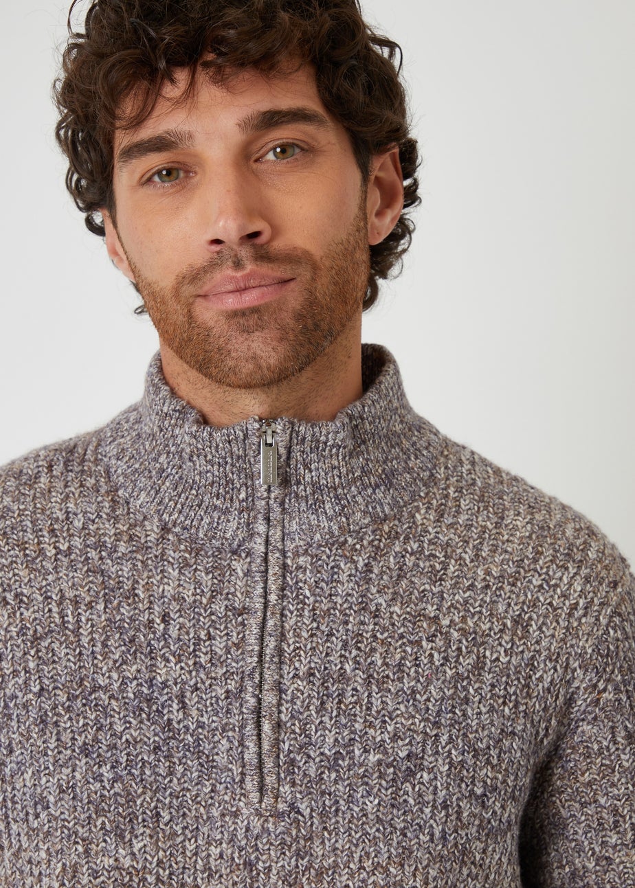 Threadbare Brown Knitted Quarter Zip Jumper