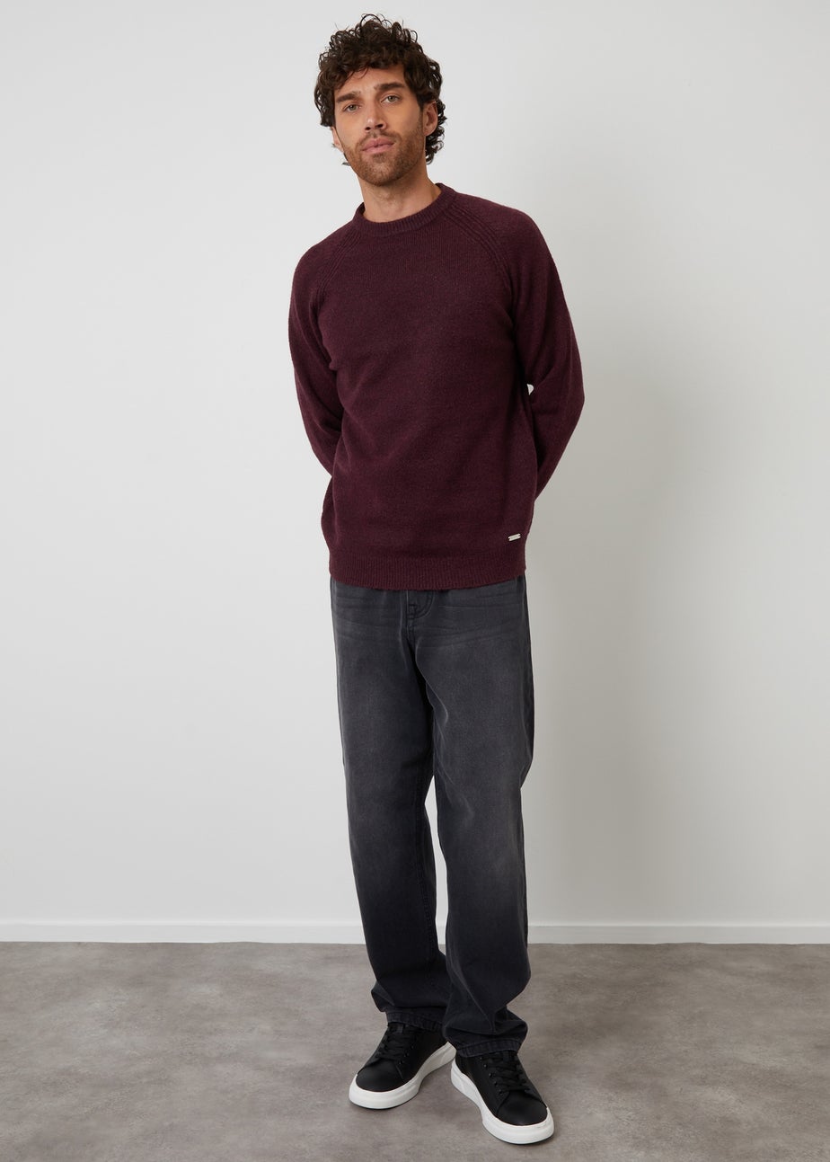 Threadbare Maroon Raglan Rib Knitted Crew Neck Jumper