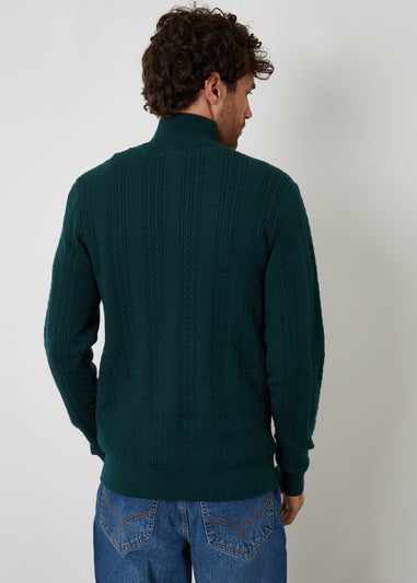 Threadbare Green Cable Knit Quarter Zip Jumper