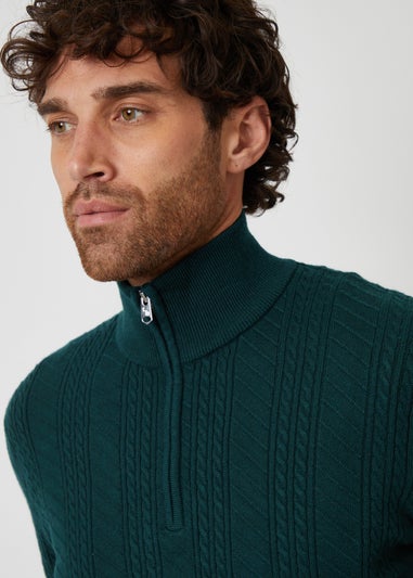 Threadbare Green Cable Knit Quarter Zip Jumper