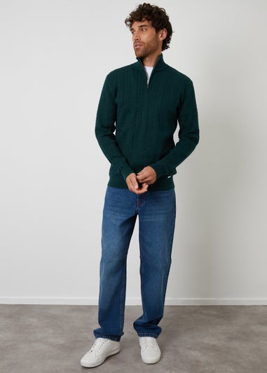Threadbare Green Cable Knit Quarter Zip Jumper