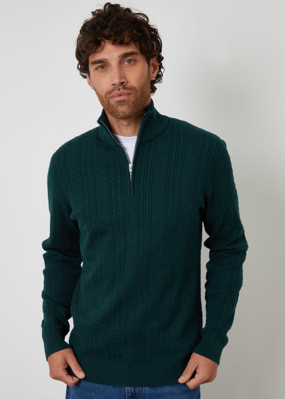 Threadbare Green Cable Knit Quarter Zip Jumper