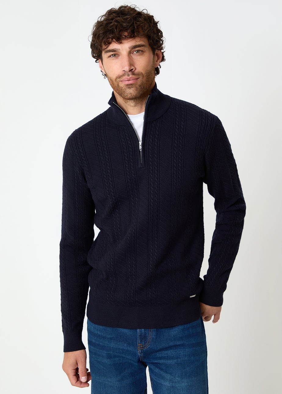 Threadbare Navy Cable Knit Quarter Zip Jumper