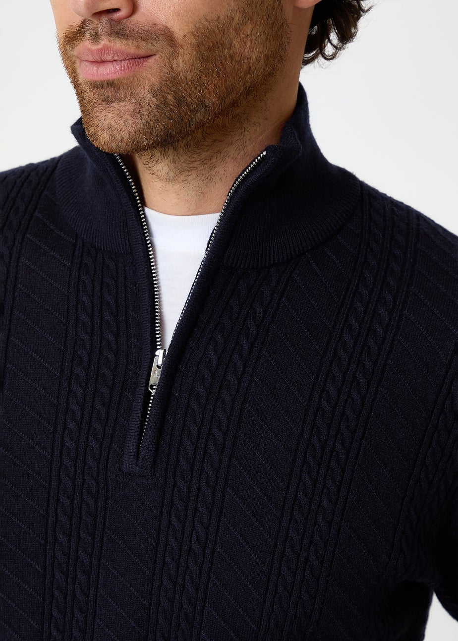 Threadbare Navy Cable Knit Quarter Zip Jumper