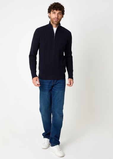 Threadbare Navy Cable Knit Quarter Zip Jumper