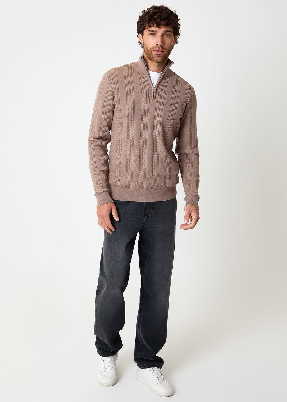 Threadbare Taupe Cable Knit Quarter Zip Jumper