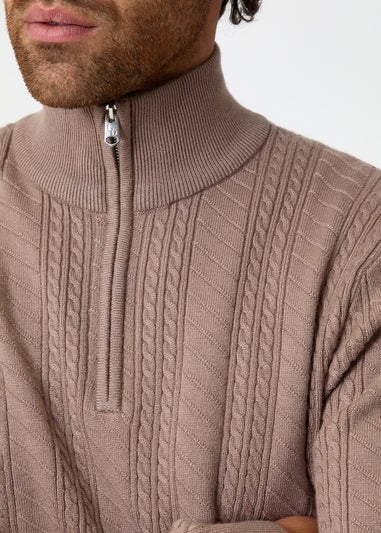 Threadbare Taupe Cable Knit Quarter Zip Jumper
