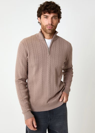 Threadbare Taupe Cable Knit Quarter Zip Jumper