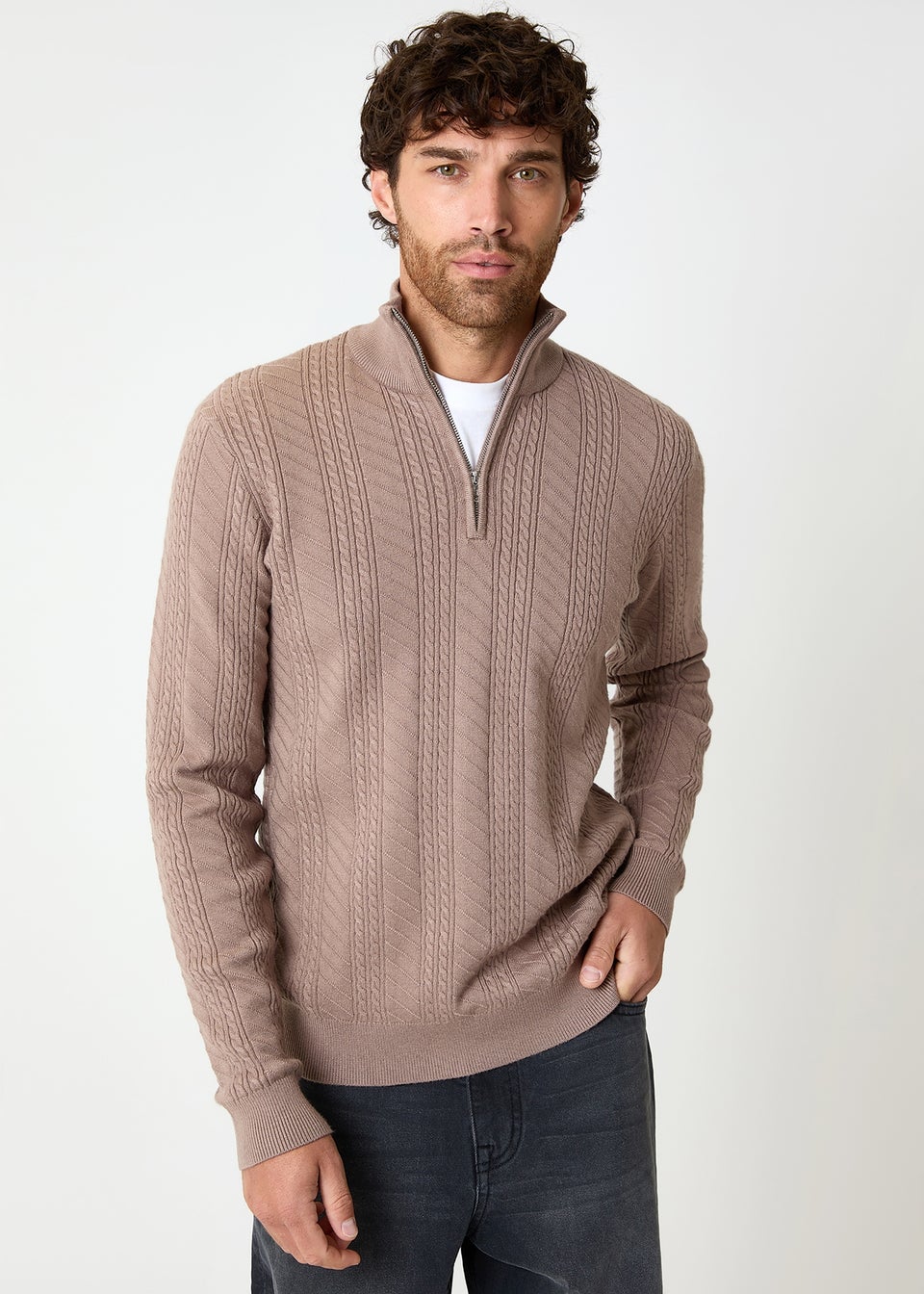 Threadbare Taupe Cable Knit Quarter Zip Jumper