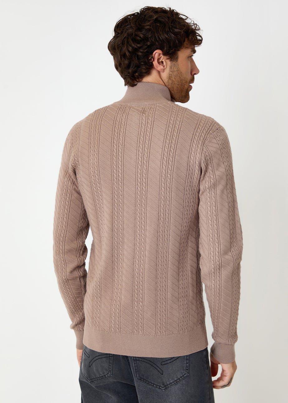 Threadbare Taupe Cable Knit Quarter Zip Jumper