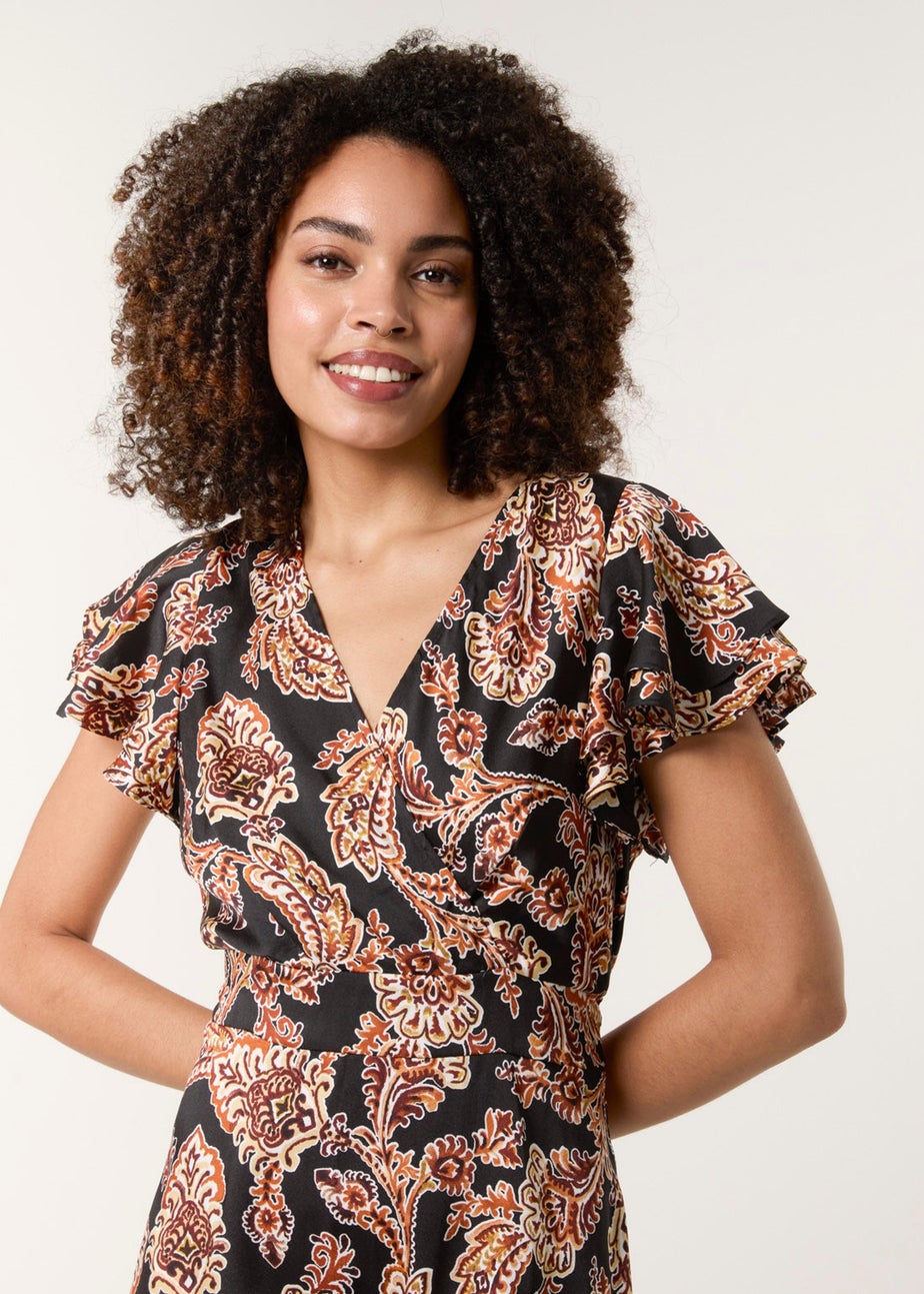 Blue Vanilla Black Paisley Frill Sleeve Mini Dress