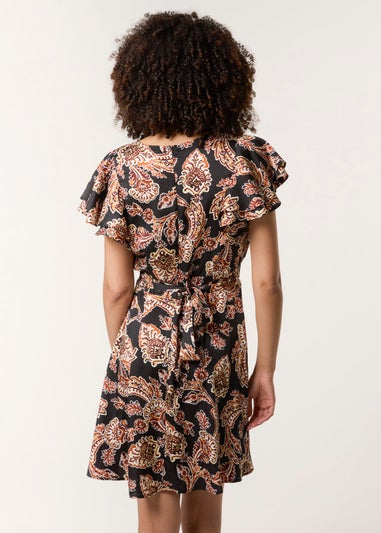 Blue Vanilla Black Paisley Frill Sleeve Mini Dress