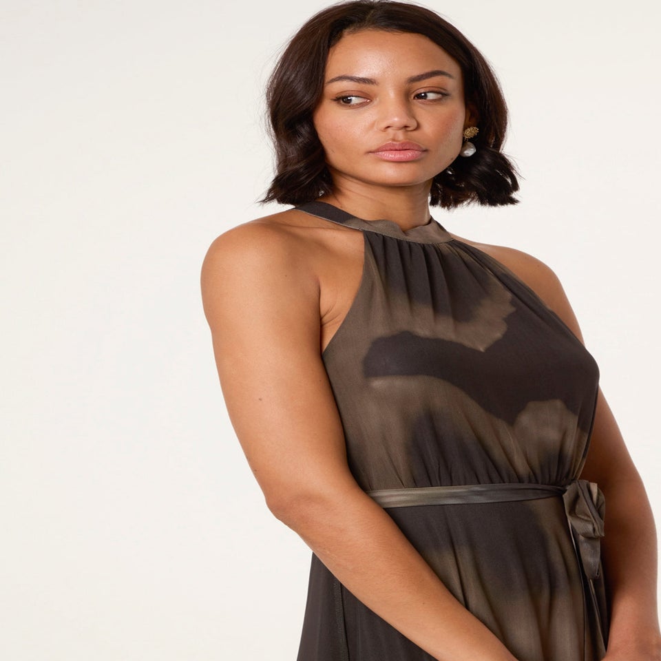 Blue Vanilla Brown Printed Mesh Halterneck Belted Maxi Dress