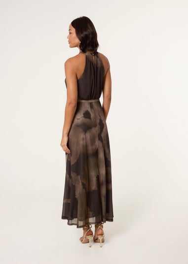 Blue Vanilla Brown Printed Mesh Halterneck Belted Maxi Dress