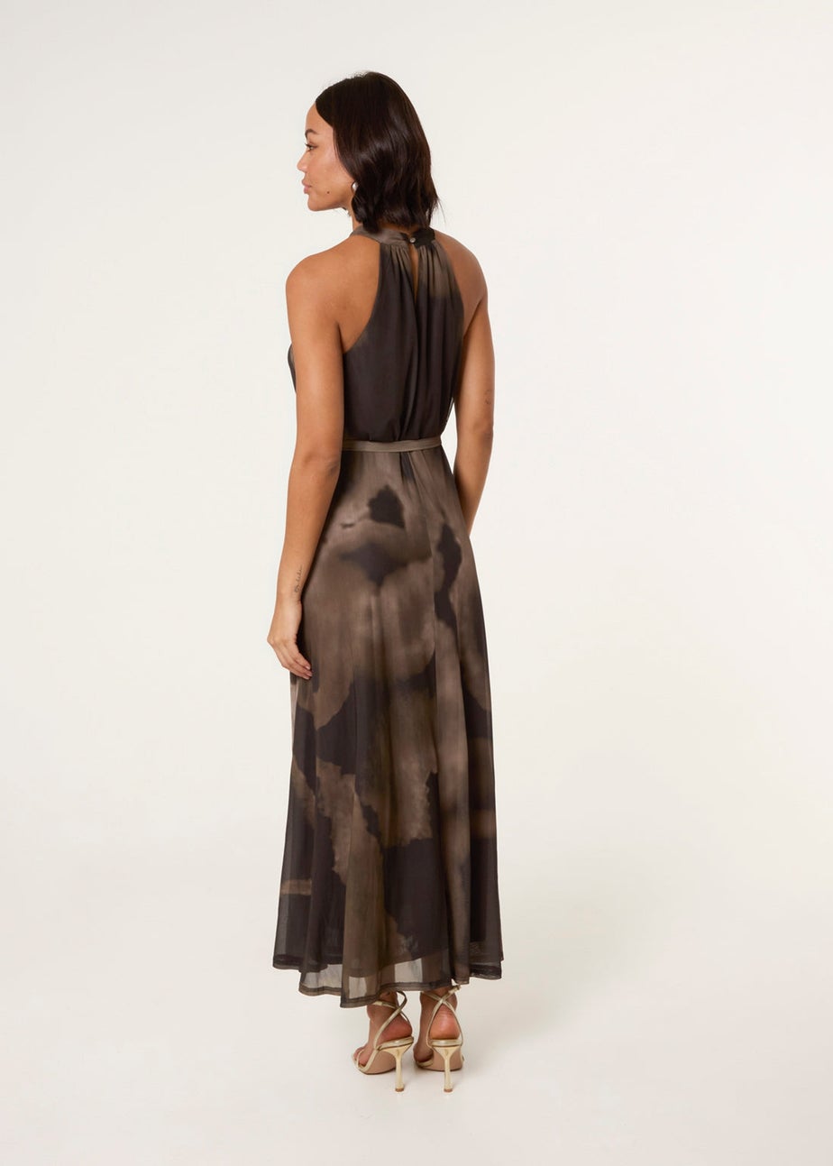 Blue Vanilla Brown Printed Mesh Halterneck Belted Maxi Dress