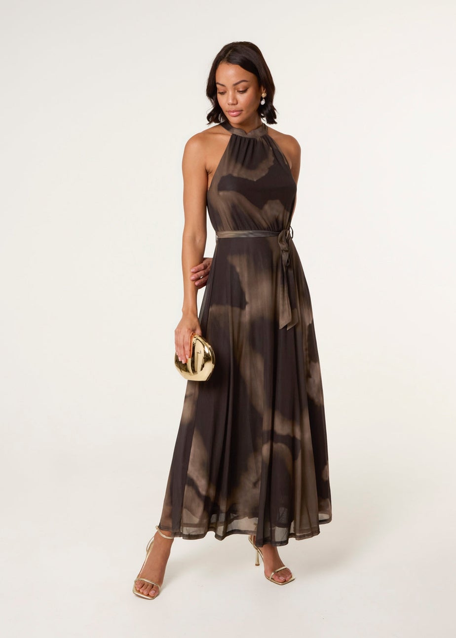 Blue Vanilla Brown Printed Mesh Halterneck Belted Maxi Dress