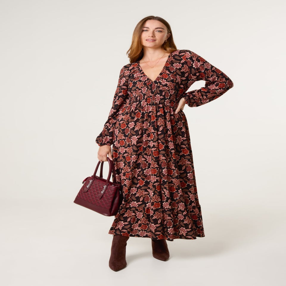 Blue Vanilla Black V Neck Shirred Long Sleeve Dress