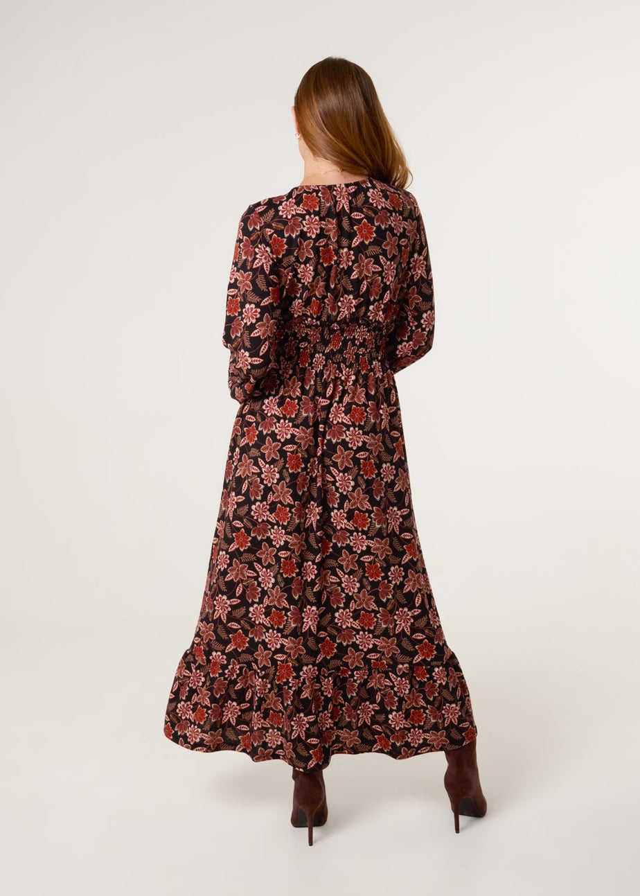 Blue Vanilla Black V Neck Shirred Long Sleeve Dress