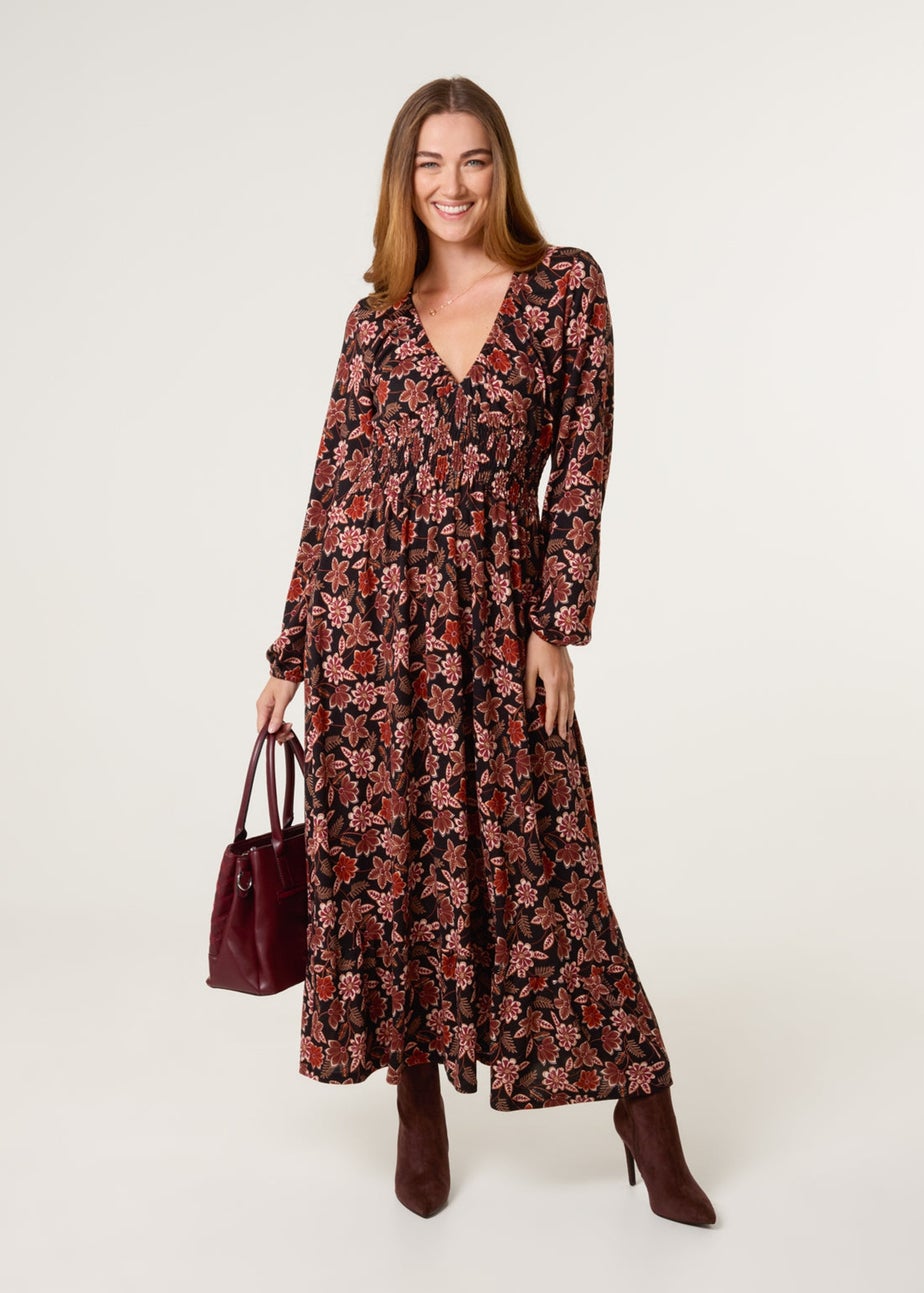 Blue Vanilla Black V Neck Shirred Long Sleeve Dress