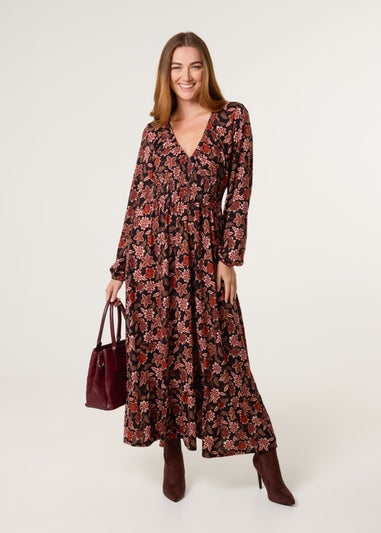 Blue Vanilla Black V Neck Shirred Long Sleeve Dress