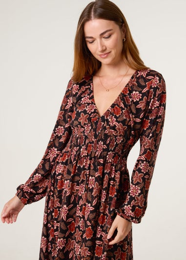 Blue Vanilla Black V Neck Shirred Long Sleeve Dress