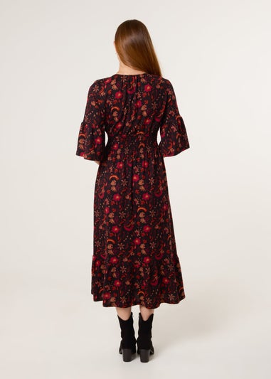 Blue Vanilla Black Paisley Shirred Waist V Neck Midi Dress